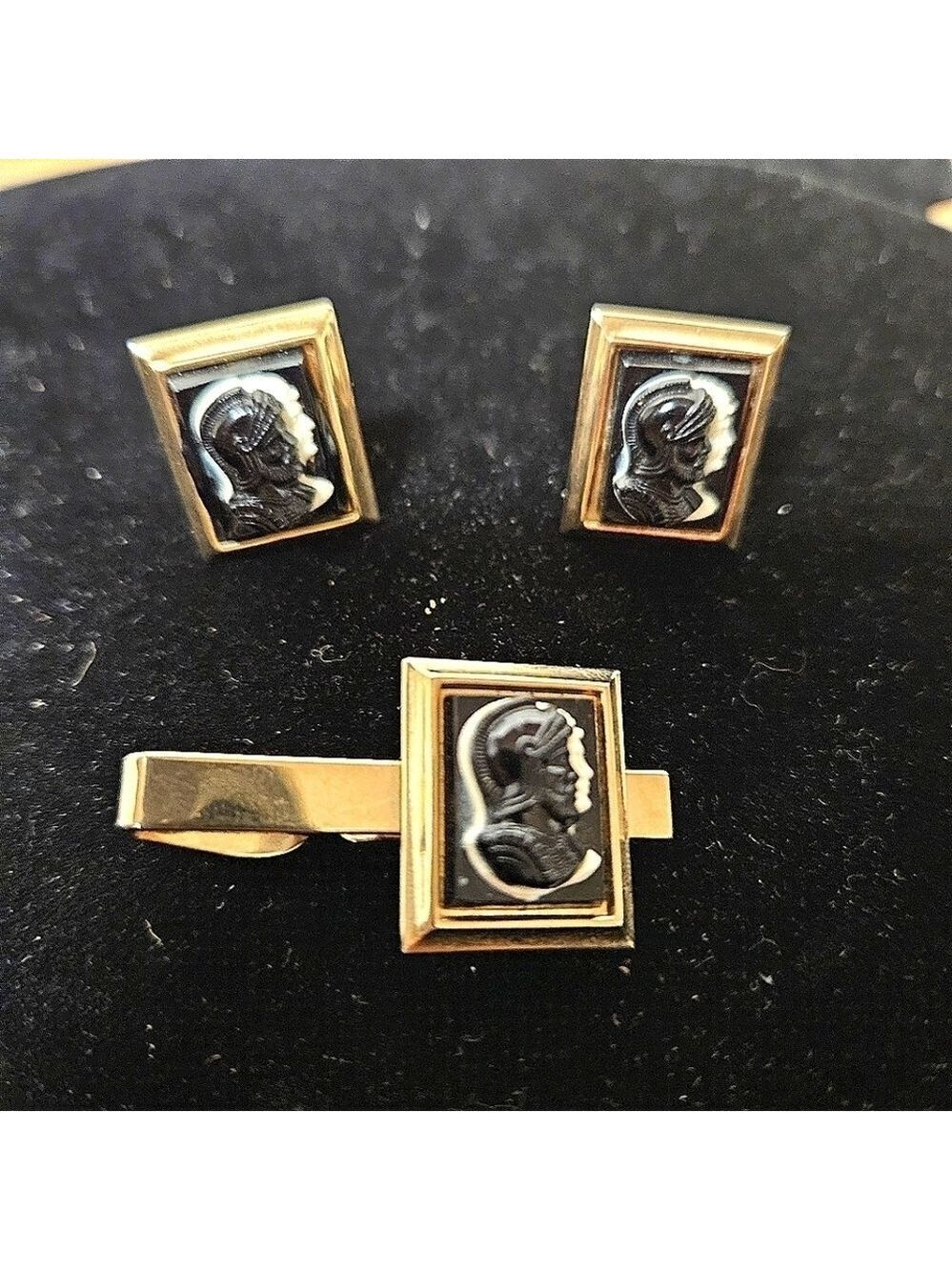 Vintage Gold-tone Double B/W Roman Centurion Cufflink and Tie-clip Set